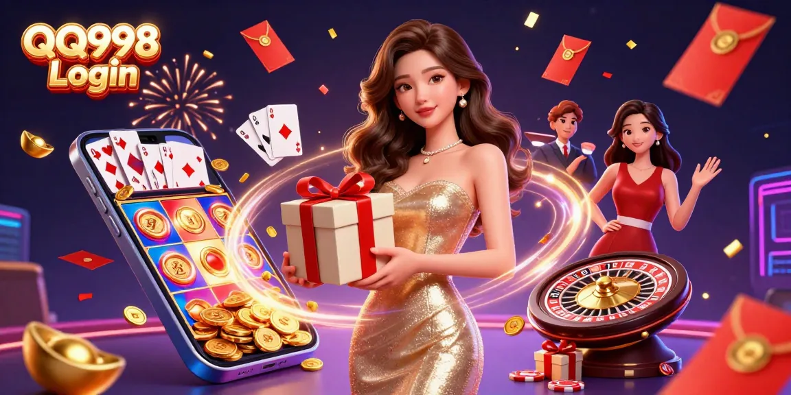 Experience excitement with QQ998 Login as golden coins spill from a gift box amidst a festive casino scene.