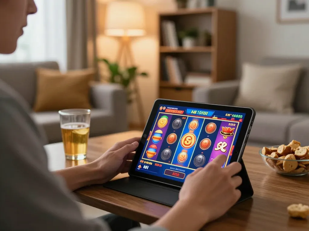 Engaging in situs slot gameplay on tablet in cozy home setting with snacks and vibrant visuals.