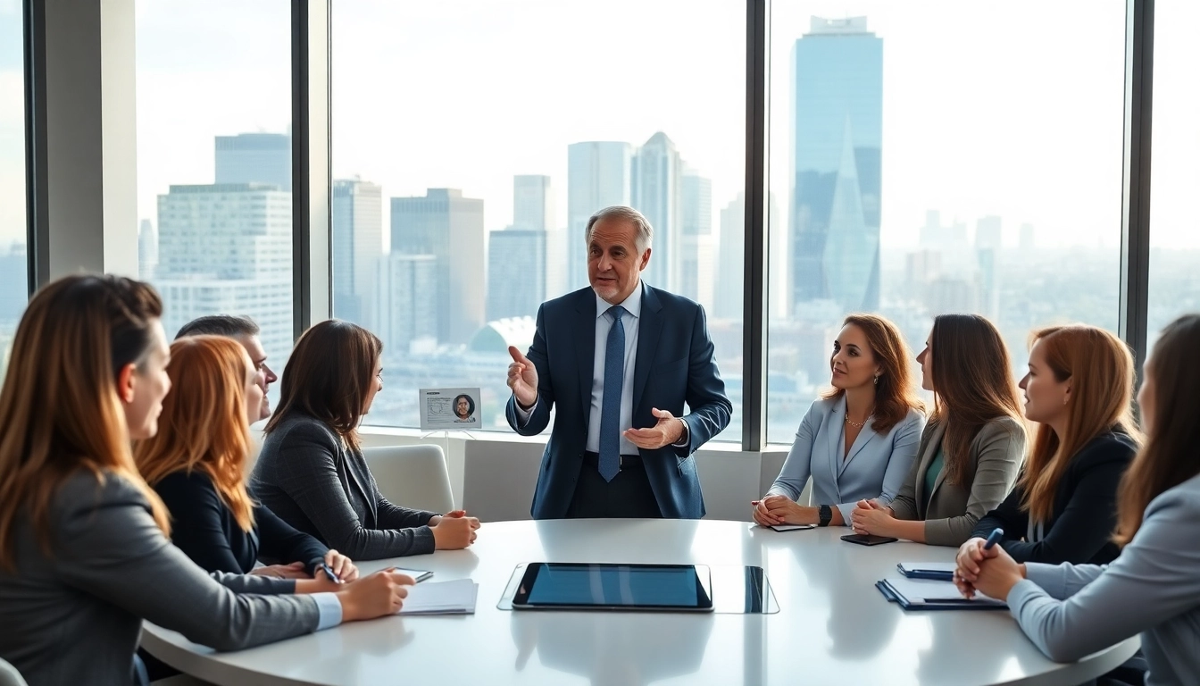 Corporate coach facilitates an engaging strategy session with diverse professionals.