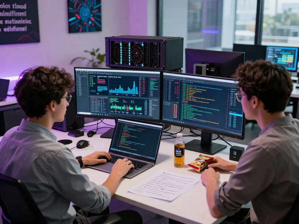 Engineers at an innovative iodefi cloud mining workspace analyzing cryptocurrency data with advanced equipment.