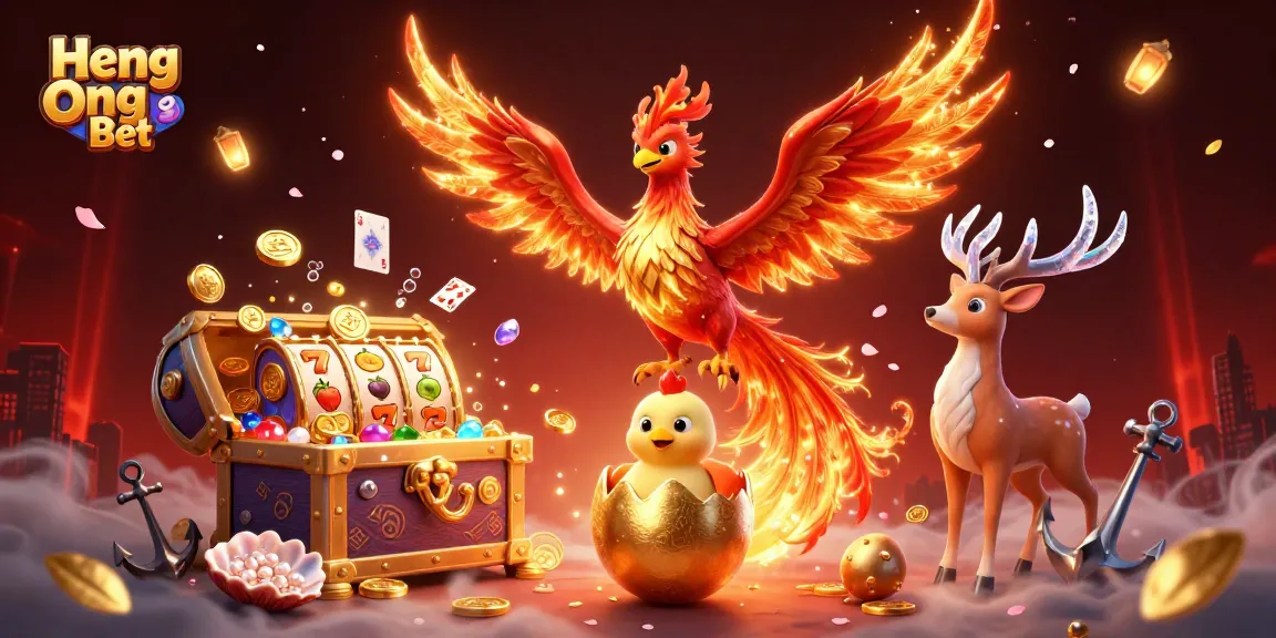 Experience captivating gaming with Heng Ong Bet's vibrant 3D scene featuring a phoenix and engaging casino elements.