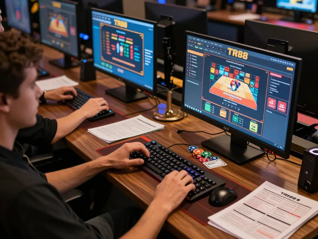 Players engage with TR88 online casino gaming interface in a professional setup, showcasing strategic gameplay.