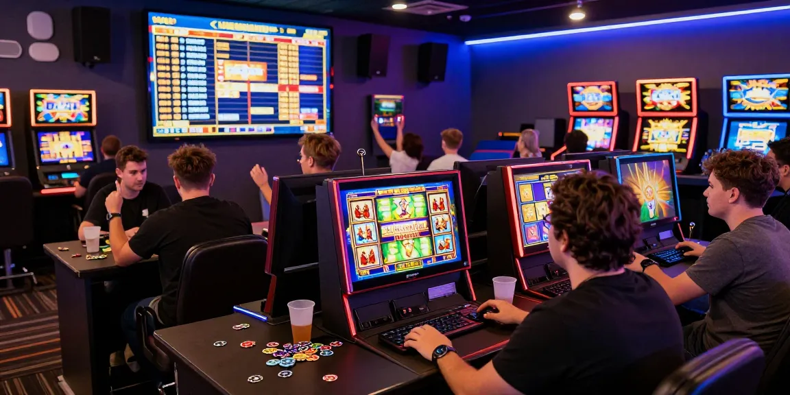 Engaging slot depo 5k gaming scene with diverse players celebrating wins in a vibrant lounge atmosphere