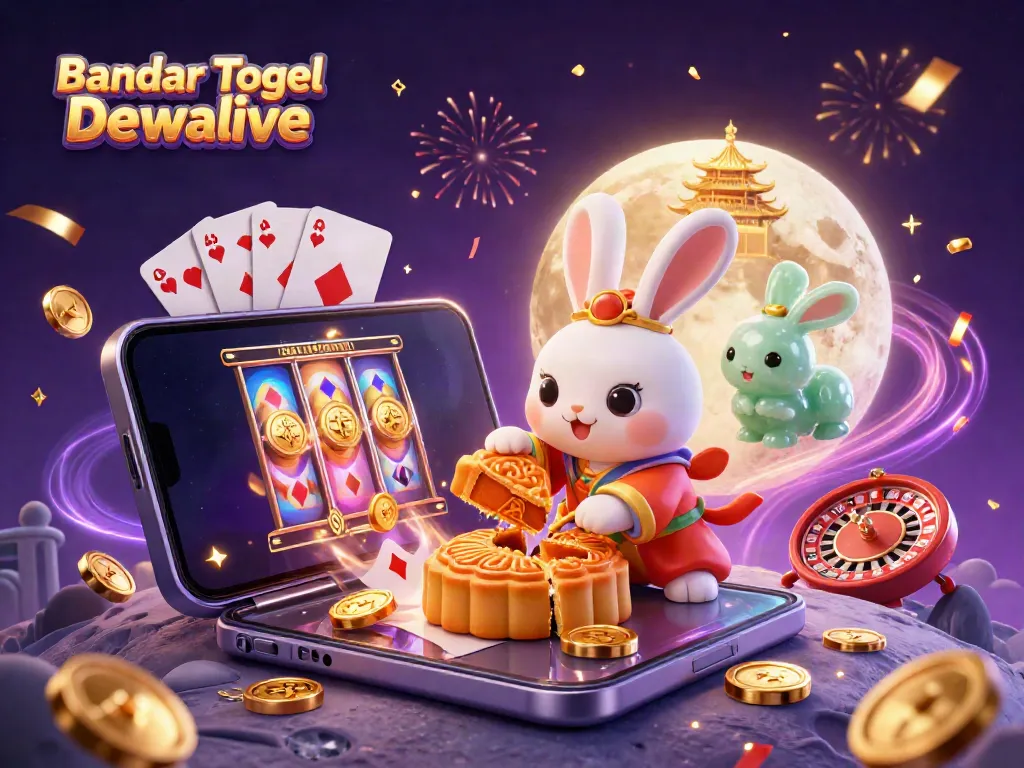 Experience gaming thrill in Bandar Togel Dewalive with a vibrant lunar scene featuring playful characters and exciting game elements.