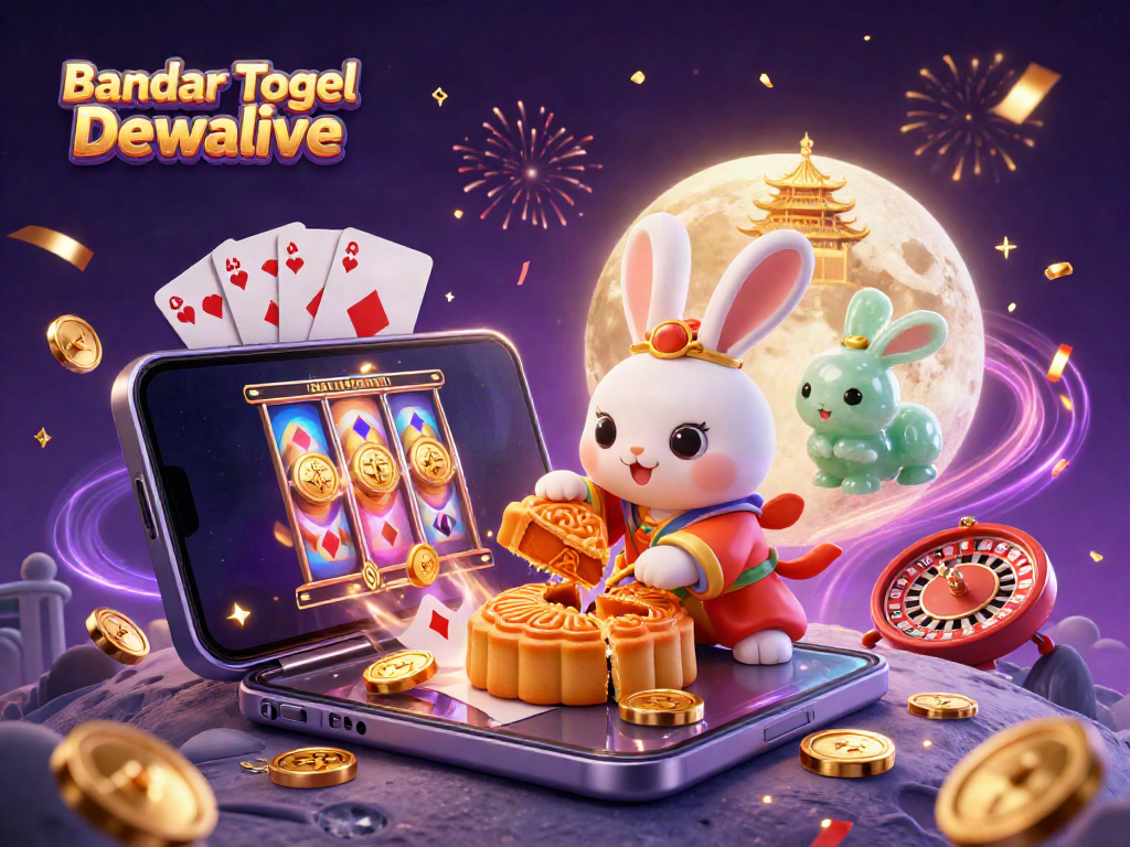Experience gaming thrill in Bandar Togel Dewalive with a vibrant lunar scene featuring playful characters and exciting game elements.