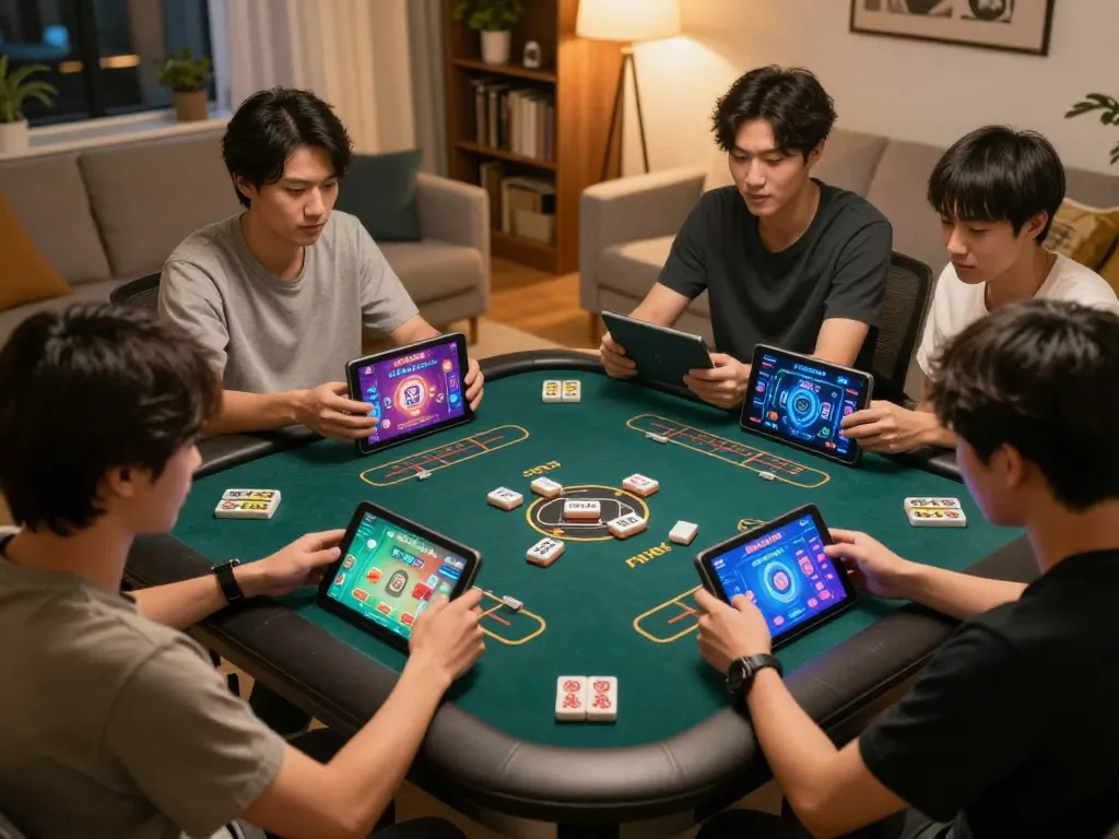 Sweeping view of players enjoying situs gacor Mahjong sessions on mobile devices in a cozy home setting.