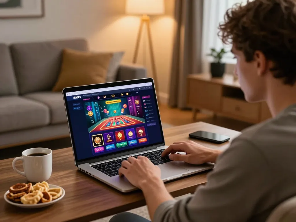 Engaged user enjoying trang chủ SHBET platform on laptop in cozy home setting.