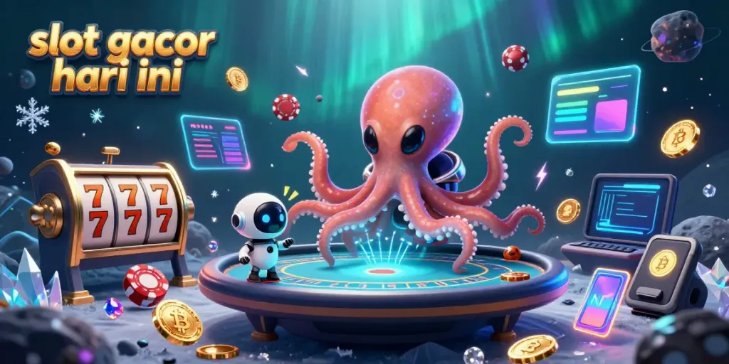 Slot gacor hari ini, alien octopus bermain poker di ruang angkasa dengan elemen slot dan koin crypto.