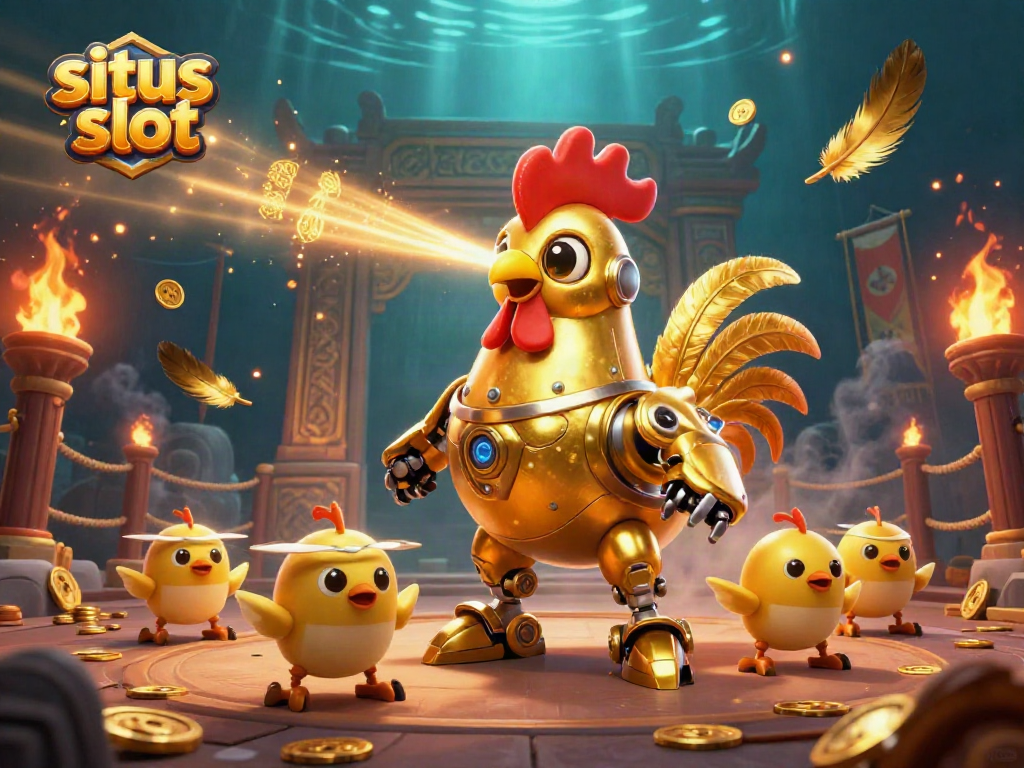 Engage with situs slot adventures featuring a golden rooster robot and baby chick drones amidst gambling elements.