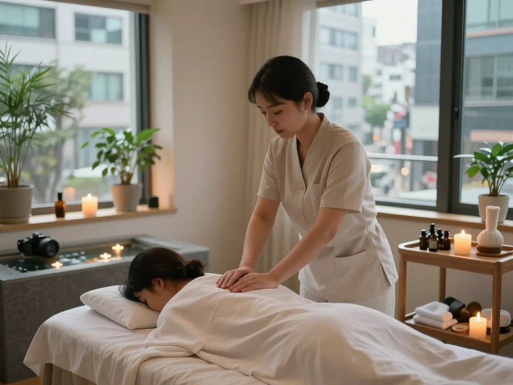 Tranquil client enjoying 신사동마사지 in a serene Seoul spa setting, surrounded by calming decor and natural light.