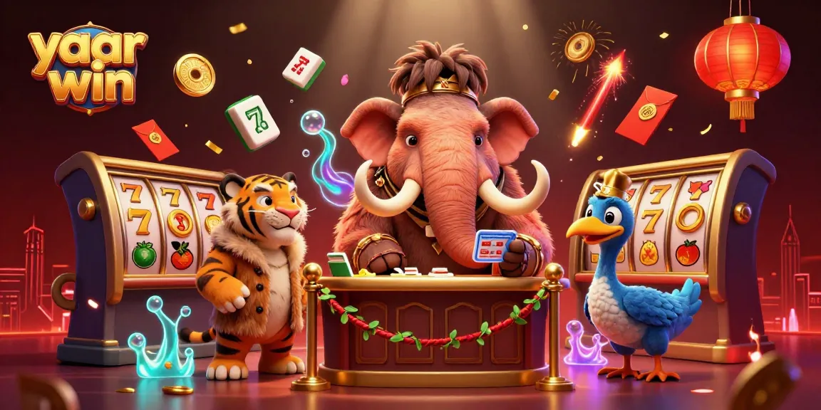 An engaging casino scene featuring the "yaar win" brand, with a woolly mammoth bouncer, saber-tooth tiger guest, and dodo doorman.