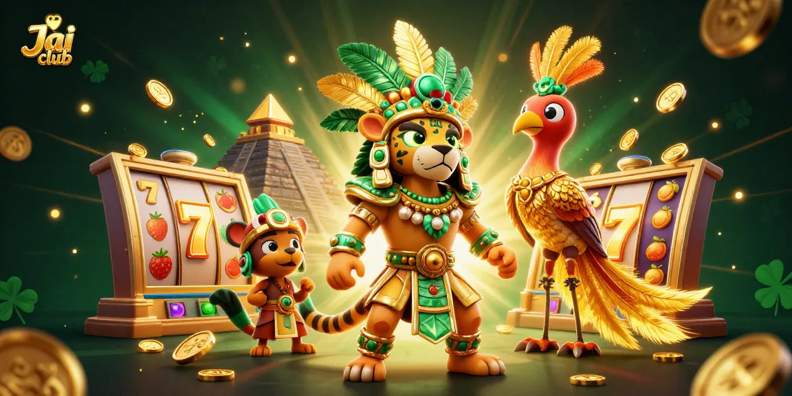 Experience thrilling wins at Jai club with a dynamic 3D illustration of lucky slot games and engaging characters.