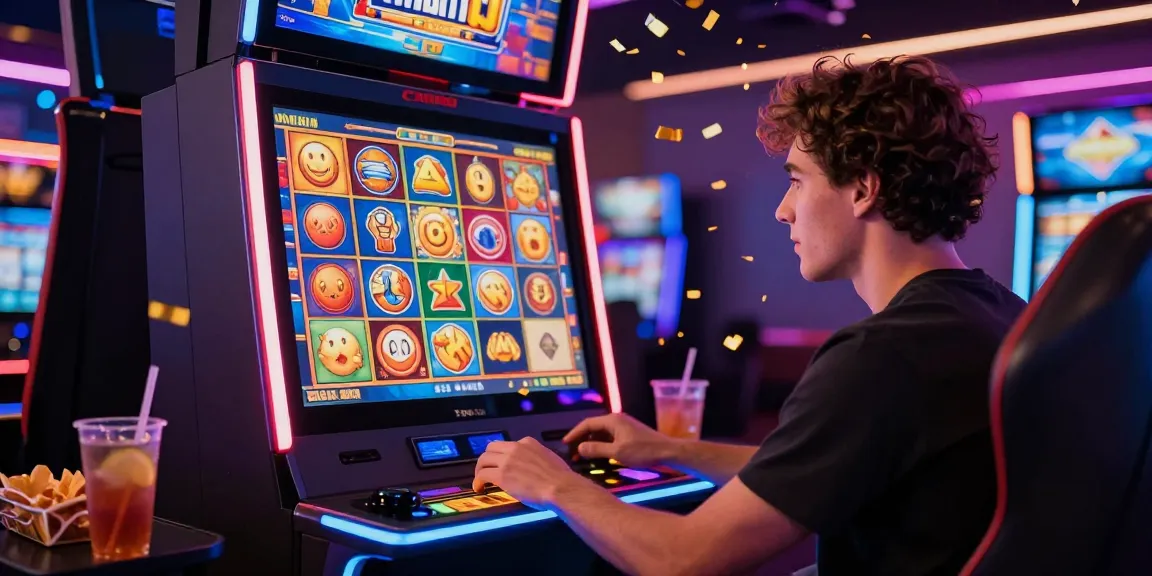 Player enjoying a slot game on a colorful touchscreen, celebrating a big win.