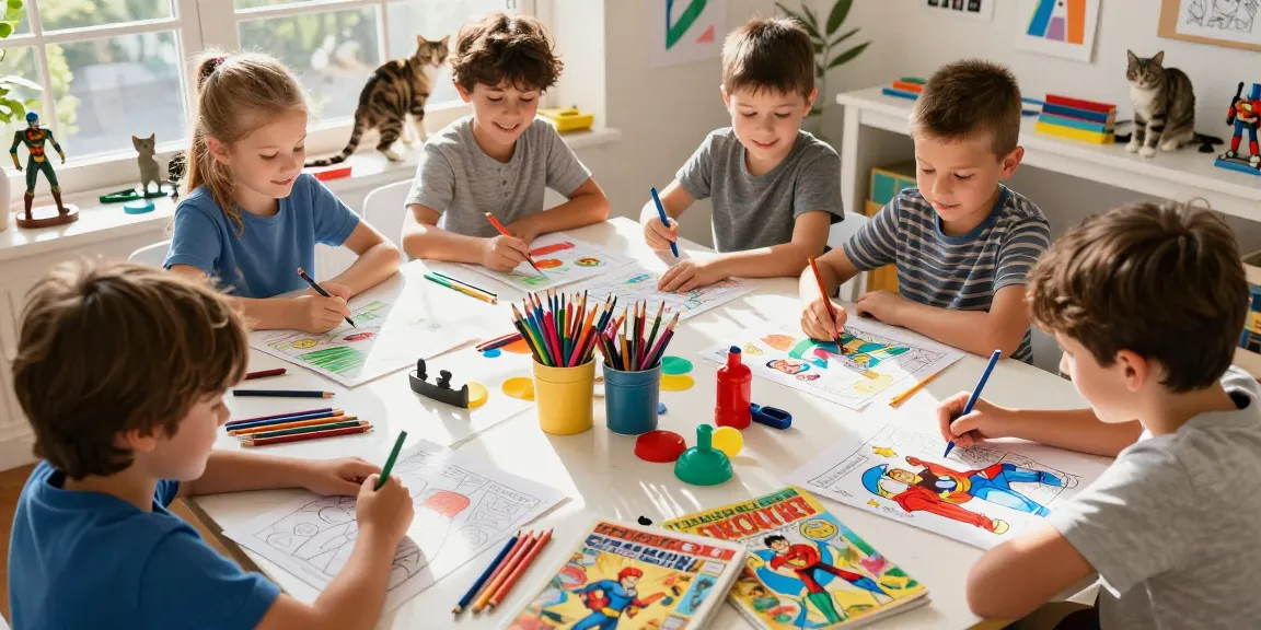 Colorful superhero coloring pages activity with kids creating art.