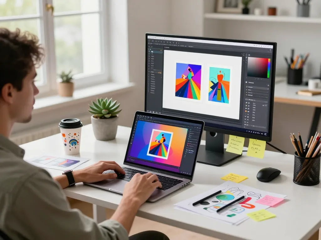 Designer using nano banana 2 AI image editor in a vibrant workspace