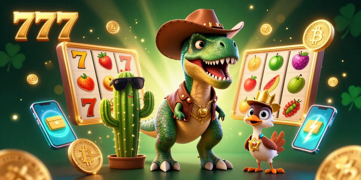 Experience the thrill of 777 slots with a vibrant illustration of a T-Rex and friends amidst glowing coins.
