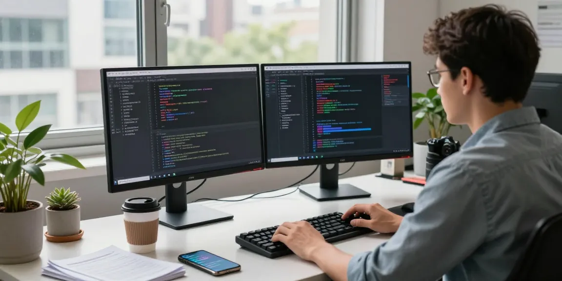 Developer in a modern workspace coding with dual monitors, showcasing 纸飞机中文版 app design alongside technical documentation.