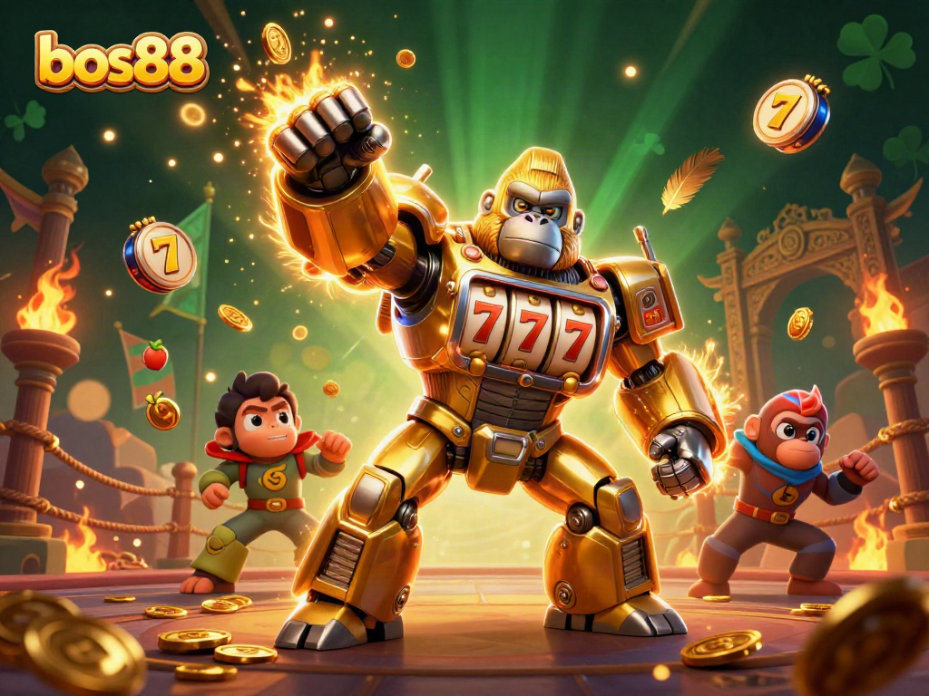 Gorilla mech bos88 memukul ke atas sambil terbangkan koin di arena pertarungan.