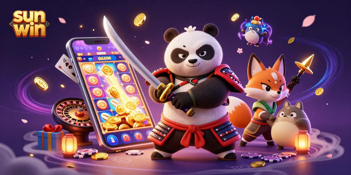 Experience the thrilling gameplay of sun win with dynamic characters and vibrant casino elements in this 3D illustration.