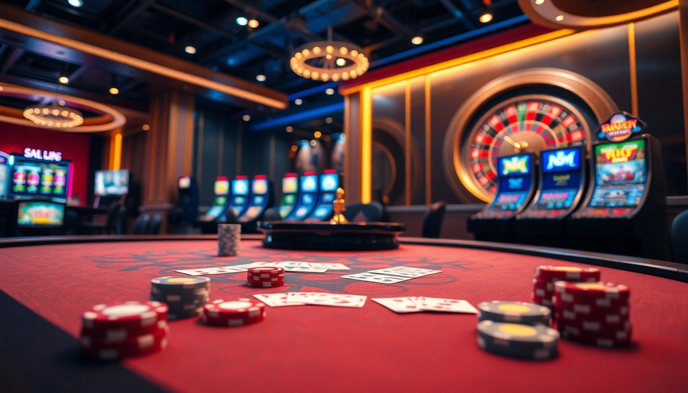 Experience the excitement of situs seven77 with vibrant casino elements, poker chips, and spinning roulette wheels.