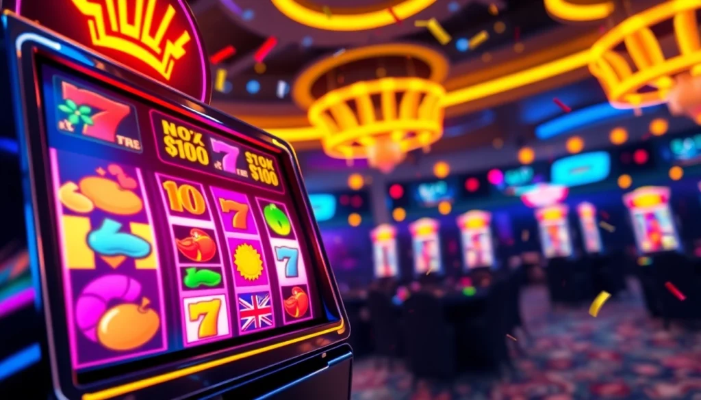 Slot deposit 1k pada mesin slot yang berwarna cerah dan latar kasino digital yang menarik.