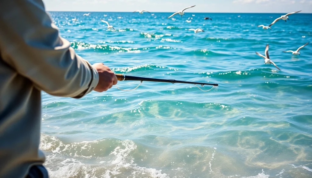 Angler engaged in saltwater fly fishing amidst vibrant ocean scenery.