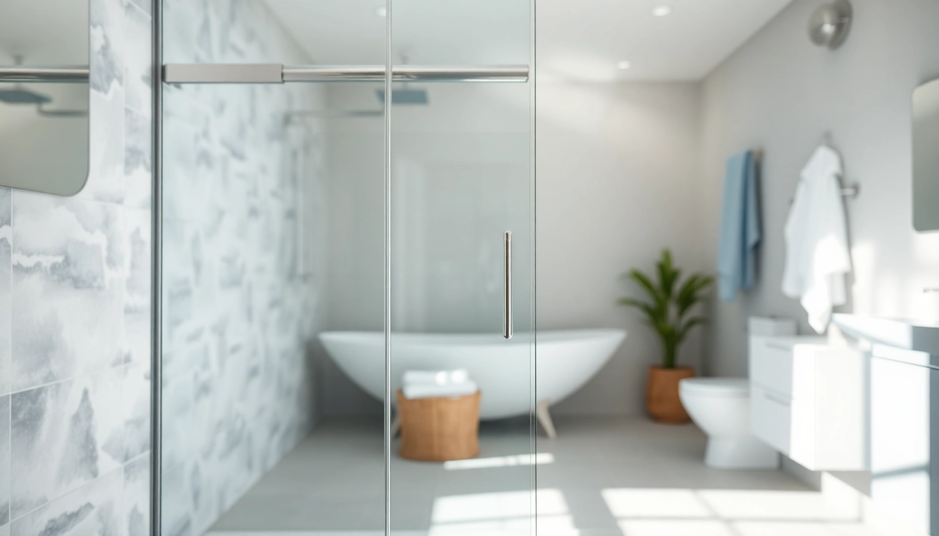 Showcase a stylish shower screen door in a modern bathroom setting with elegant design features.