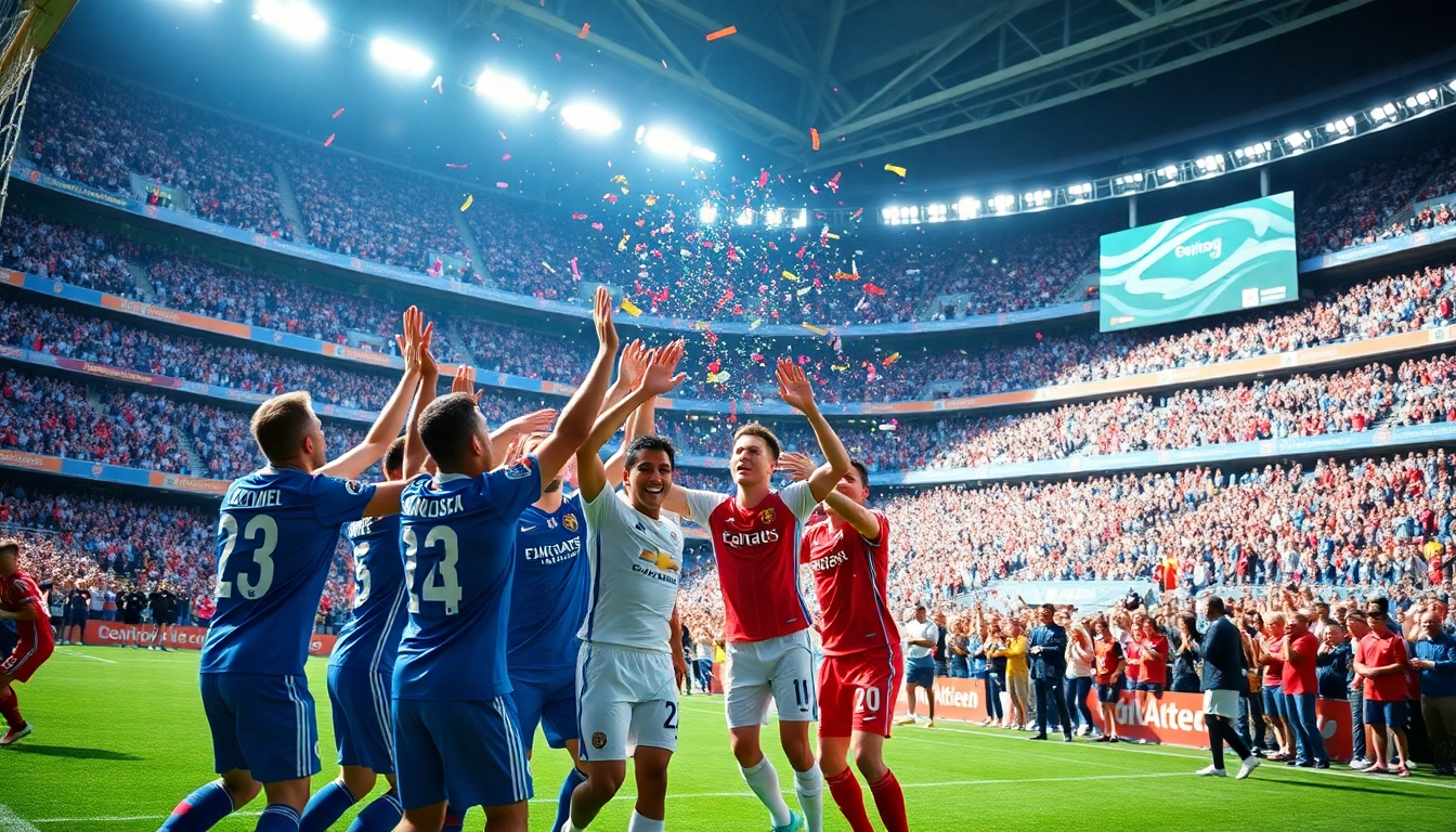 Scene of a soccer celebration showcasing ตารางพรีเมียร์ลีก excitement in an electrifying stadium.