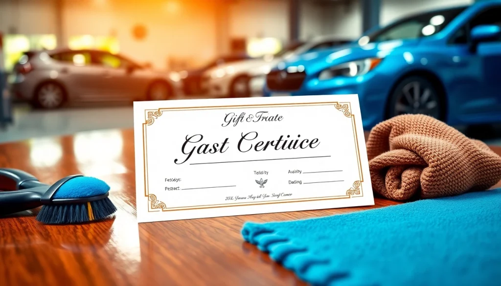 Car detailing gift certificate displayed elegantly on a desk with cleaning tools.