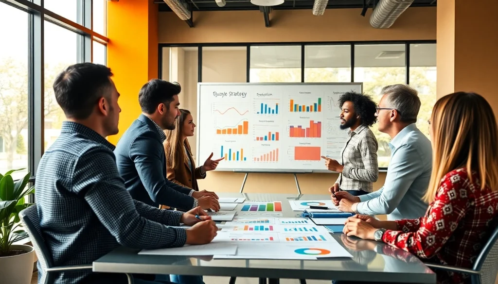 Collaborative team discussing growth strategy trends in a modern office setting.