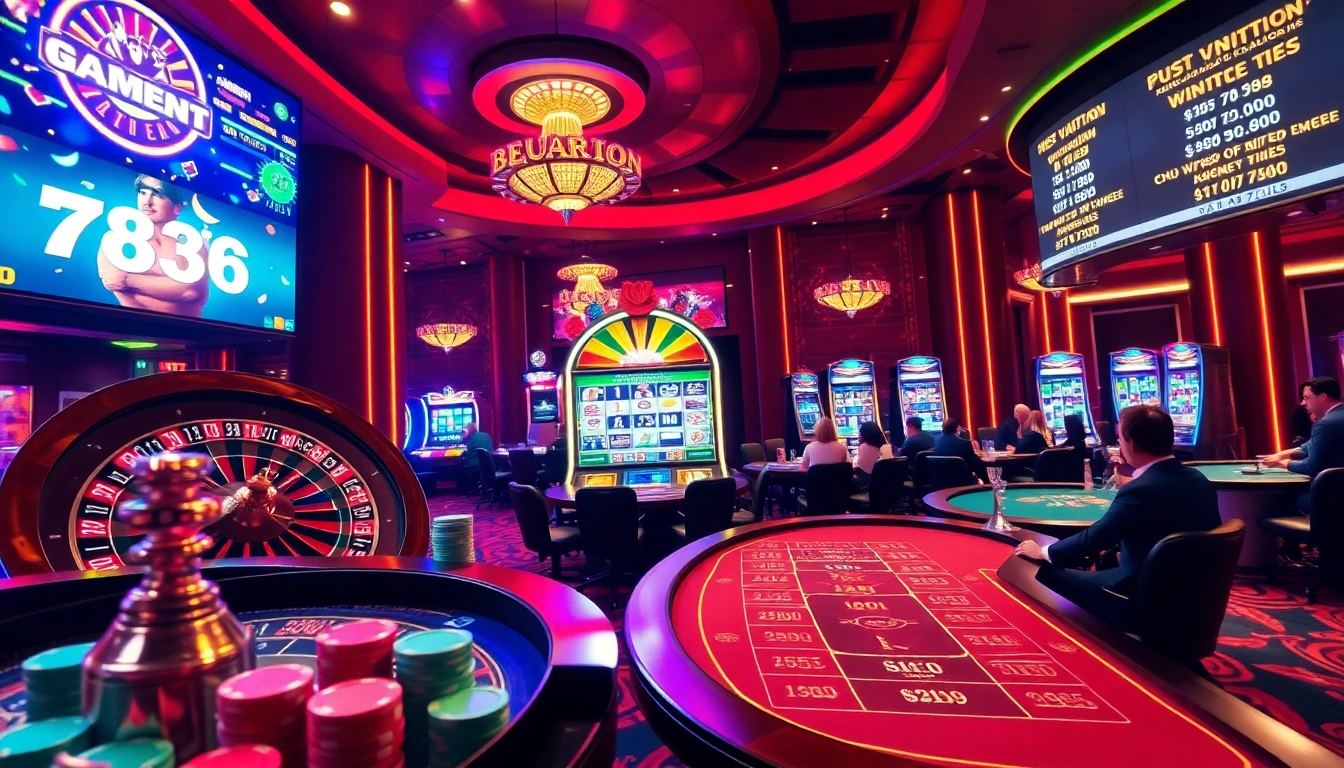 Engaging casino scene showcasing nhà cái rr88 with poker chips, a roulette wheel, and vibrant lights.