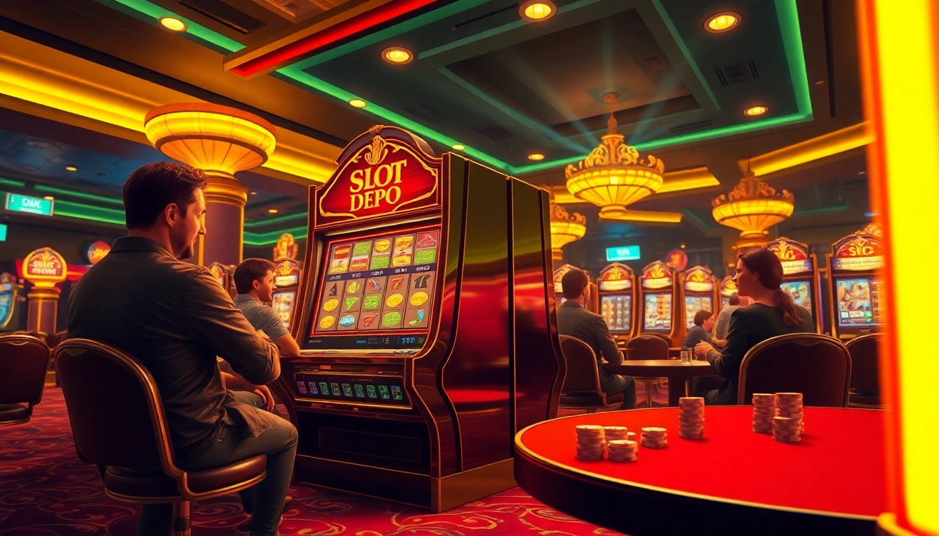 Momen mendebarkan di Slot Depo 5rb yang menunjukkan kegembiraan dan antisipasi dalam suasana kasino mewah.