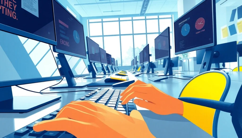 Efficient typing center with modern workstations and ergonomic equipment.