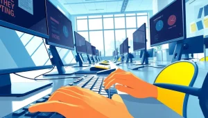 Efficient typing center with modern workstations and ergonomic equipment.