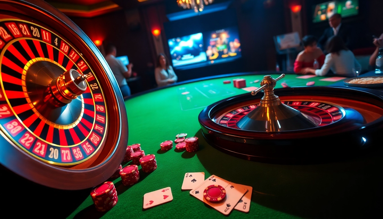 RR88 casino ambiance showcasing poker chips, roulette wheel, and engaging players.