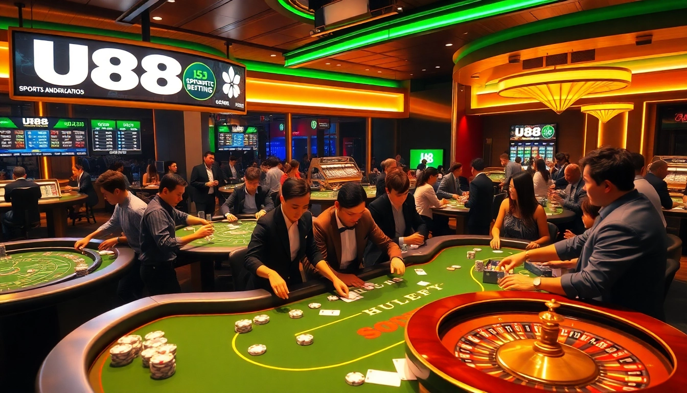 Gamblers at a luxurious U88 casino poker table enjoying a thrilling game experience.