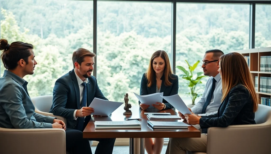 Environmental law firm team collaborating on sustainability issues in a modern office.