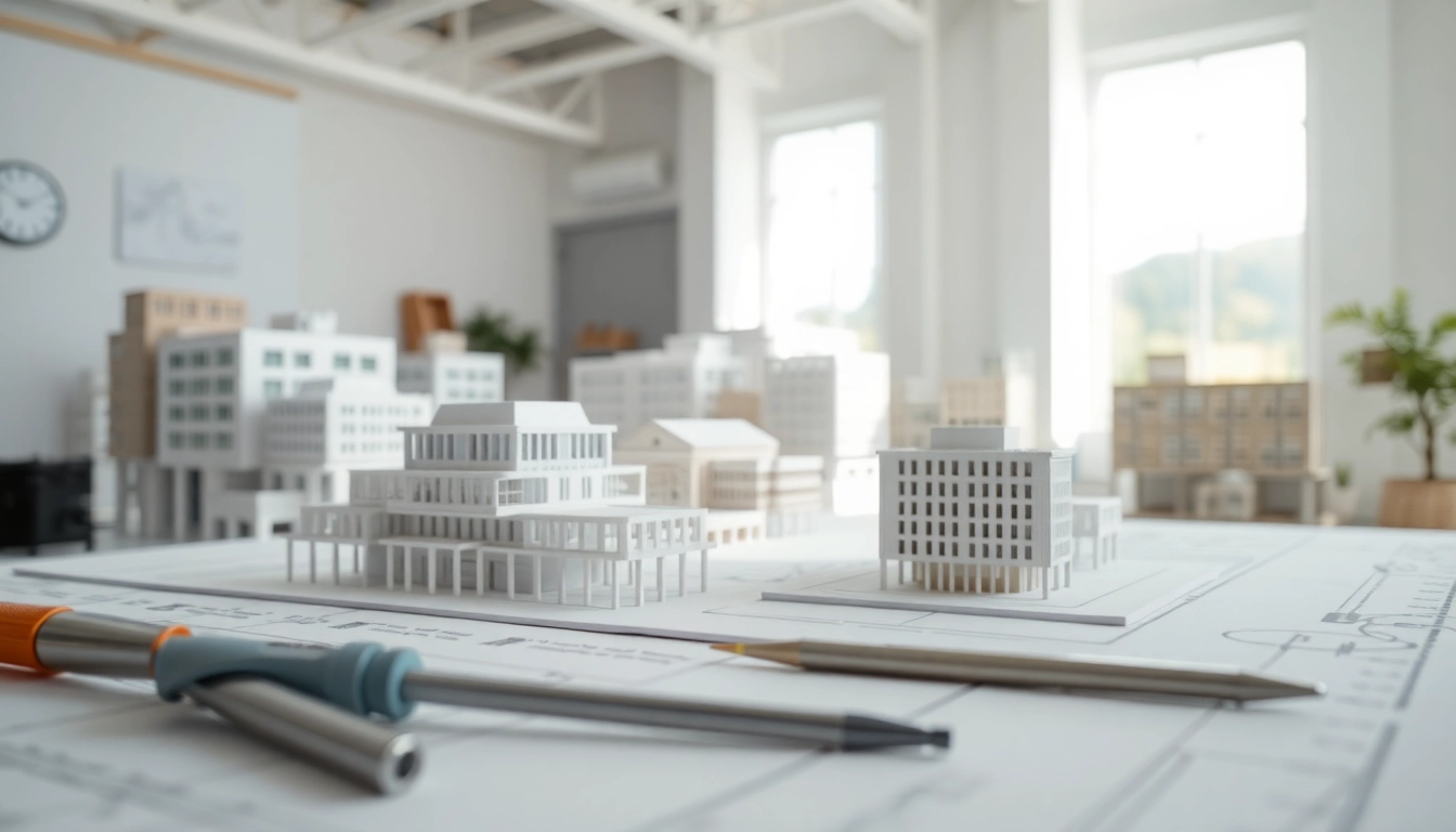 Architekturmodellbau Mönchengladbach mit präzisen Modellen und Werkzeugen in einem hellen Studio.