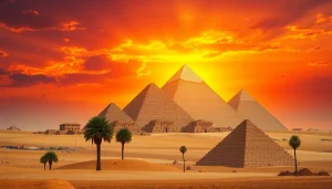 View of the magnificent piraminds against a vibrant sunset sky, highlighting their towering presence.