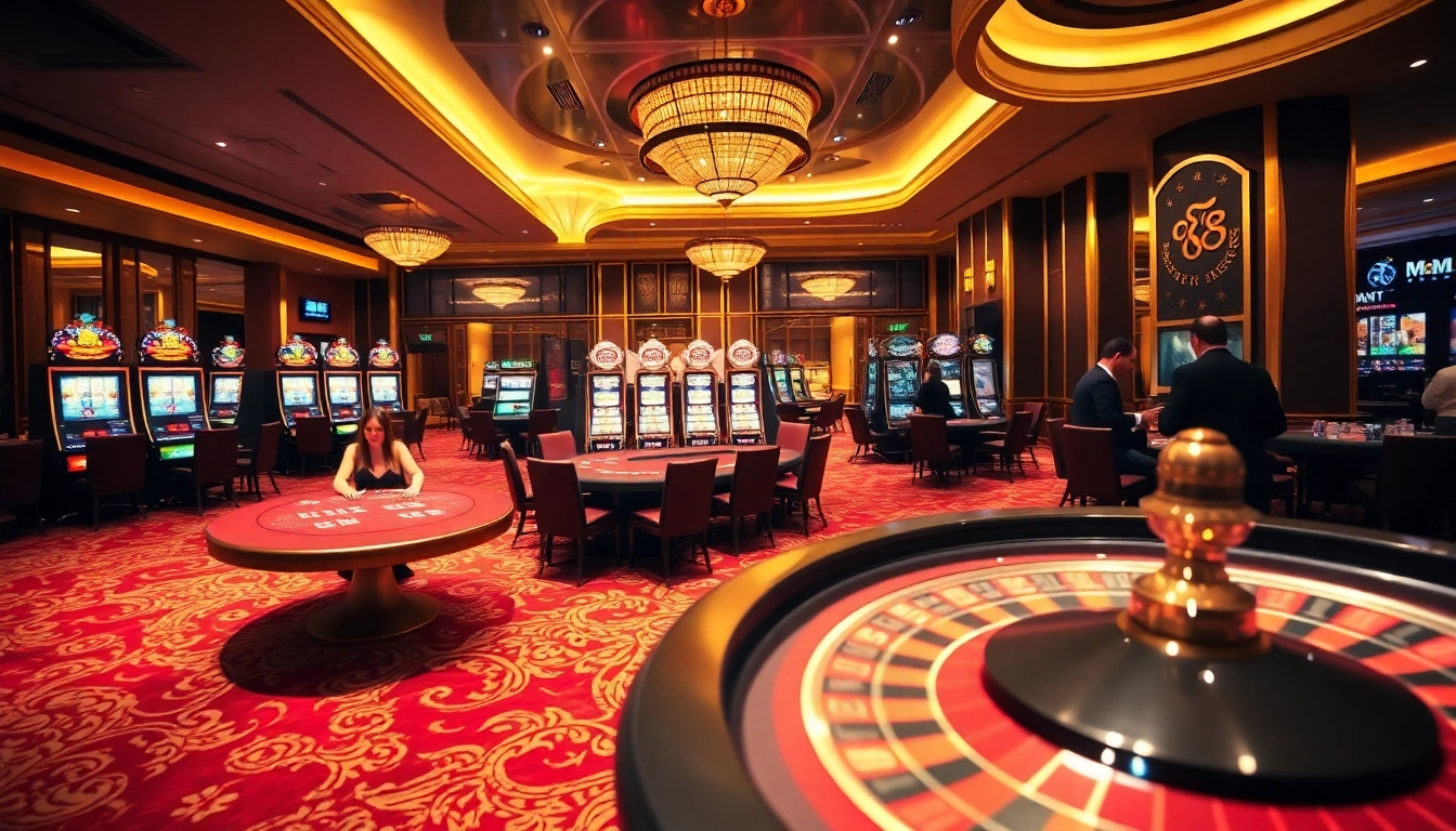Experience the vibrant excitement of gambling at MM 88's luxury casino with poker tables and slot machines.