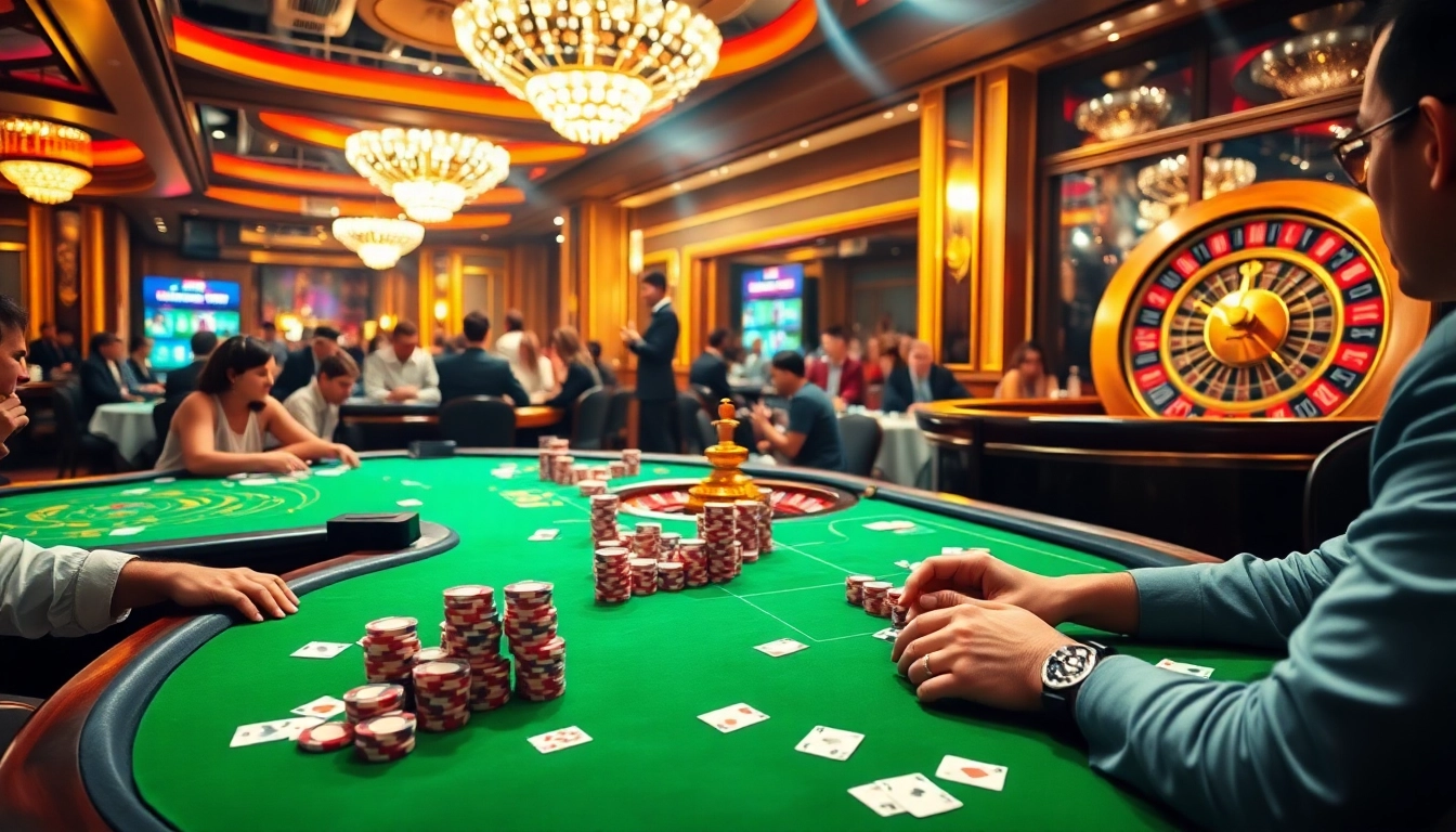 Exciting scene of poker players at a luxurious casino with 68 game bài elements.