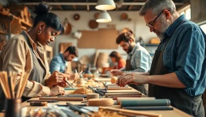 Engaging craft training programs showcasing artisans collaborating in a vibrant workshop.