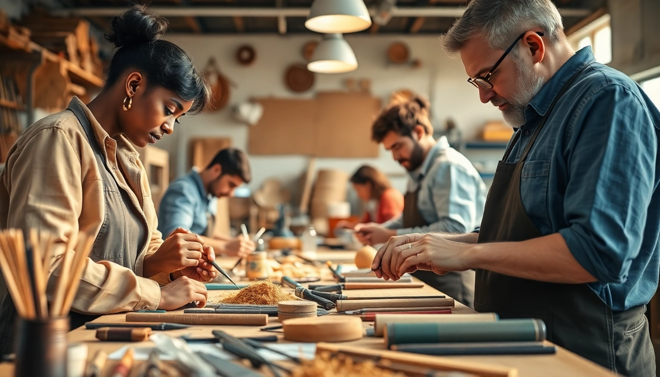 Engaging craft training programs showcasing artisans collaborating in a vibrant workshop.