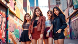 Blackpink members Jisoo, Jennie, Rosé, and Lisa showcase their vibrant personalities in a cityscape setting.