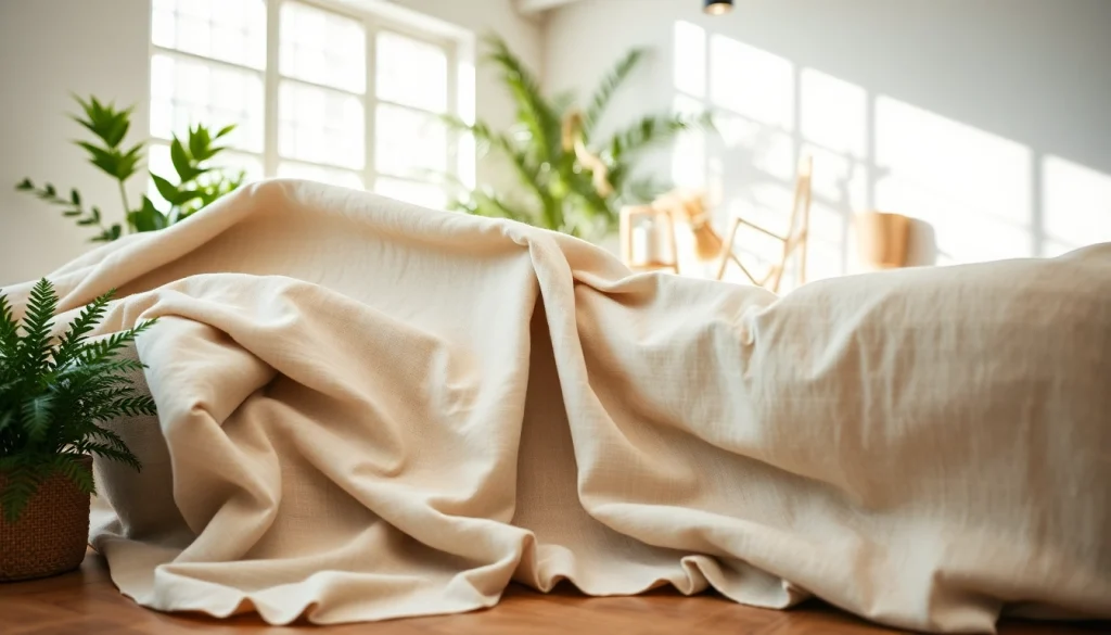 Hoogwaardige linnen stoffen in een decoratieve opstelling tonen verschillende texturen en kleuren.