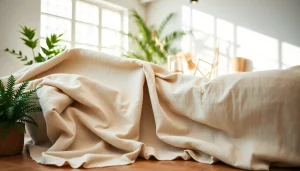 Hoogwaardige linnen stoffen in een decoratieve opstelling tonen verschillende texturen en kleuren.