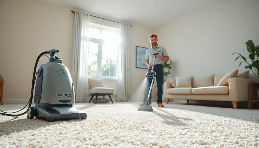 Experience our carpet cleaning specials with a professional technician revitalizing a plush carpet in a bright living room.