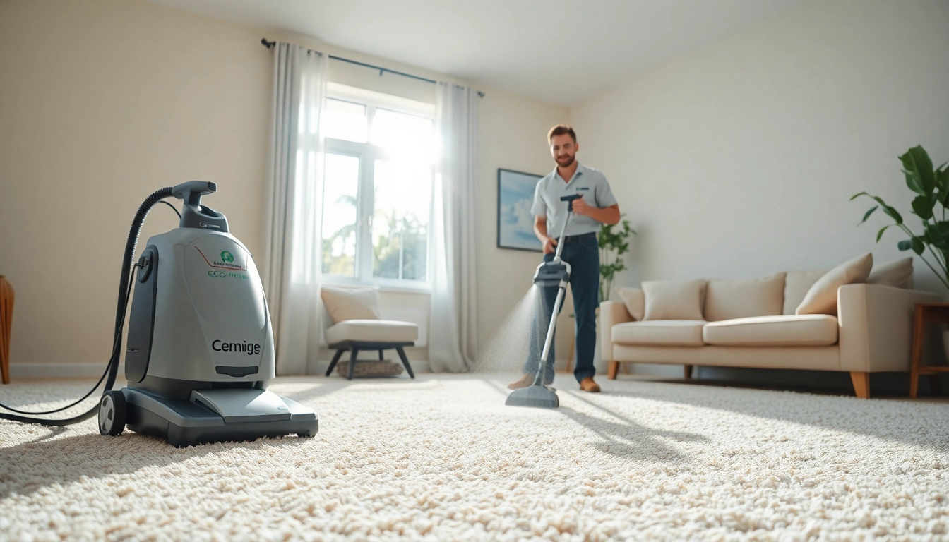 Experience our carpet cleaning specials with a professional technician revitalizing a plush carpet in a bright living room.