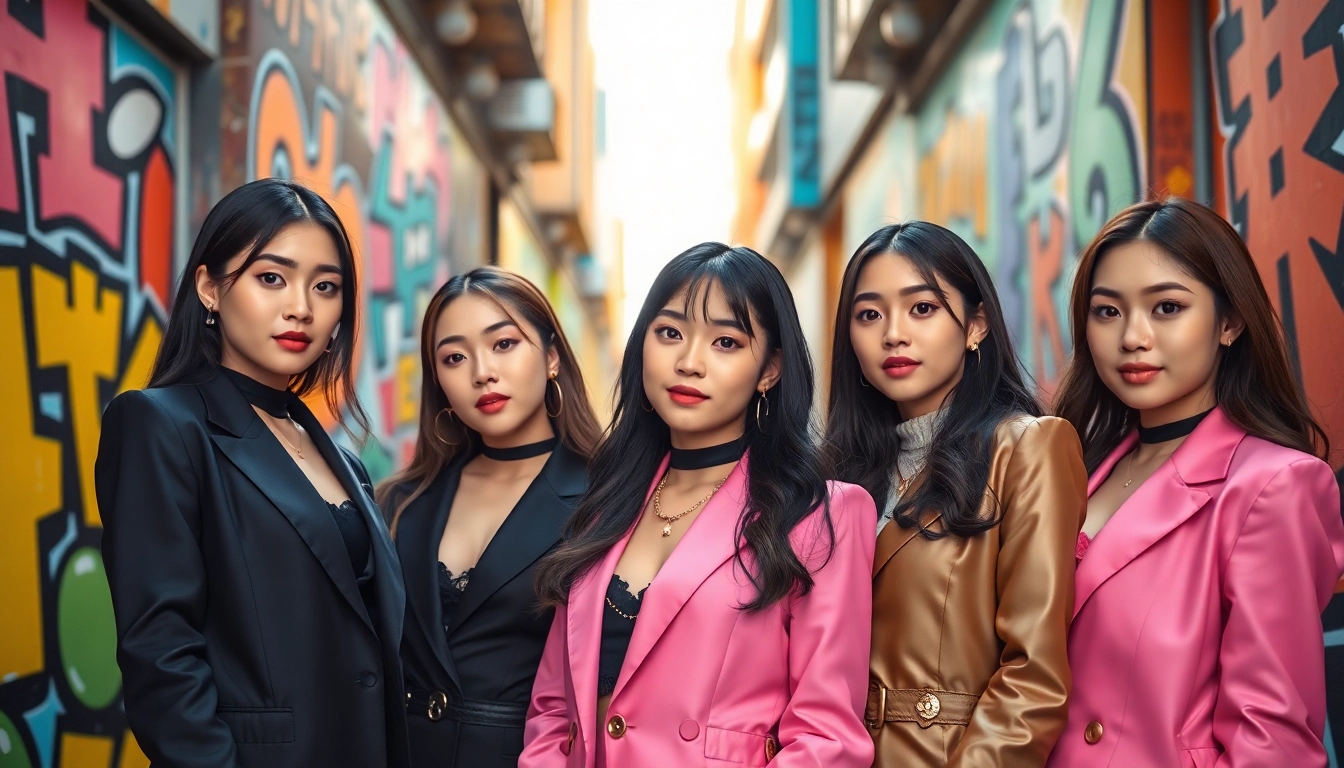 blackpink members posing in a vibrant urban setting, showcasing their unique personalities and styles.