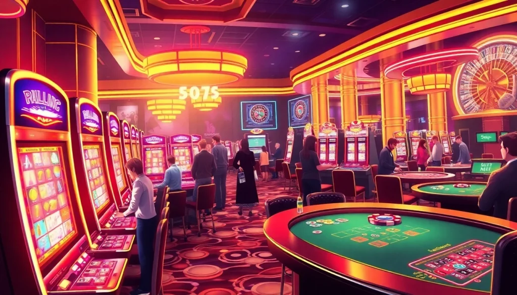 Experience the excitement of slot demo mahjong with vibrant casino scenes showcasing players and betting action.